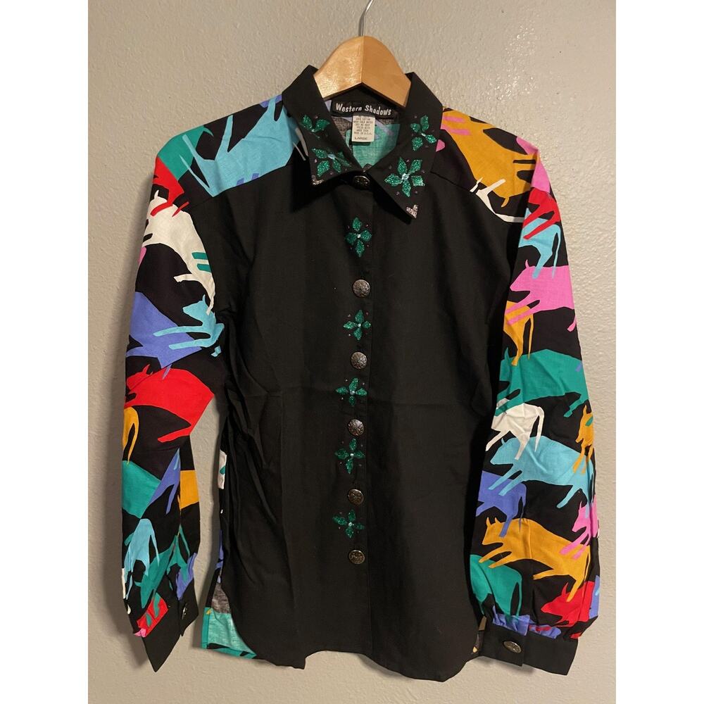 Vintage Western Shadows Top Womens Large Black Cow Print Western Cowgirl 90s - Picture 1 of 6